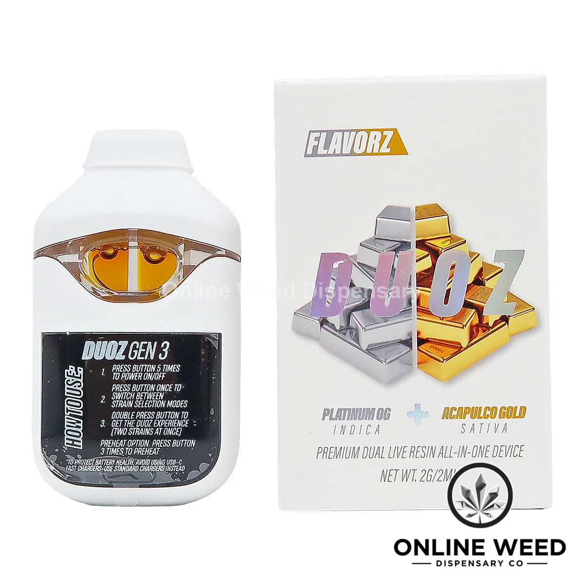 Flavorz-Platinum-OG-Acapulco-Gold-IS-1 (2) Flavorz Duoz 2g Disposable Vape – Platinum OG + Acapulco Gold - Image 1